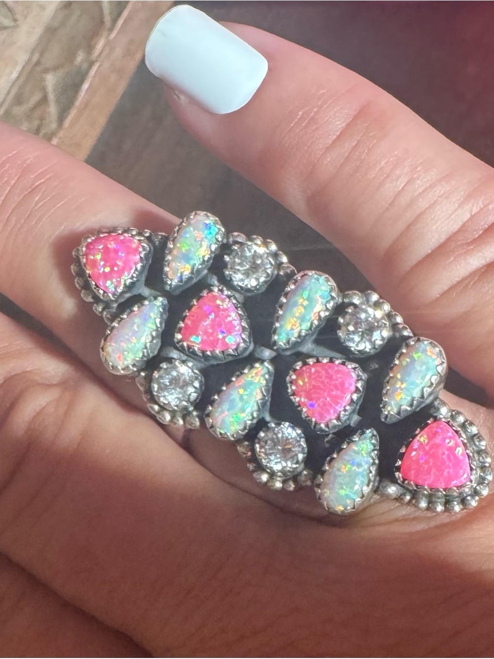 Statement champagne and hot Pink opal crawler Ring - adjustable sterling silver